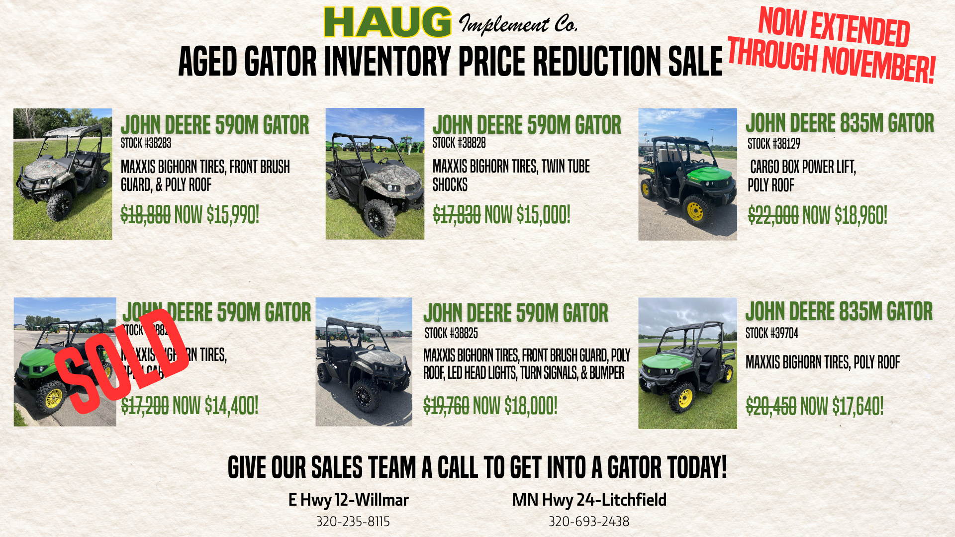 Aged Gator UTV Inventory Price Reduction Sale Extended through November