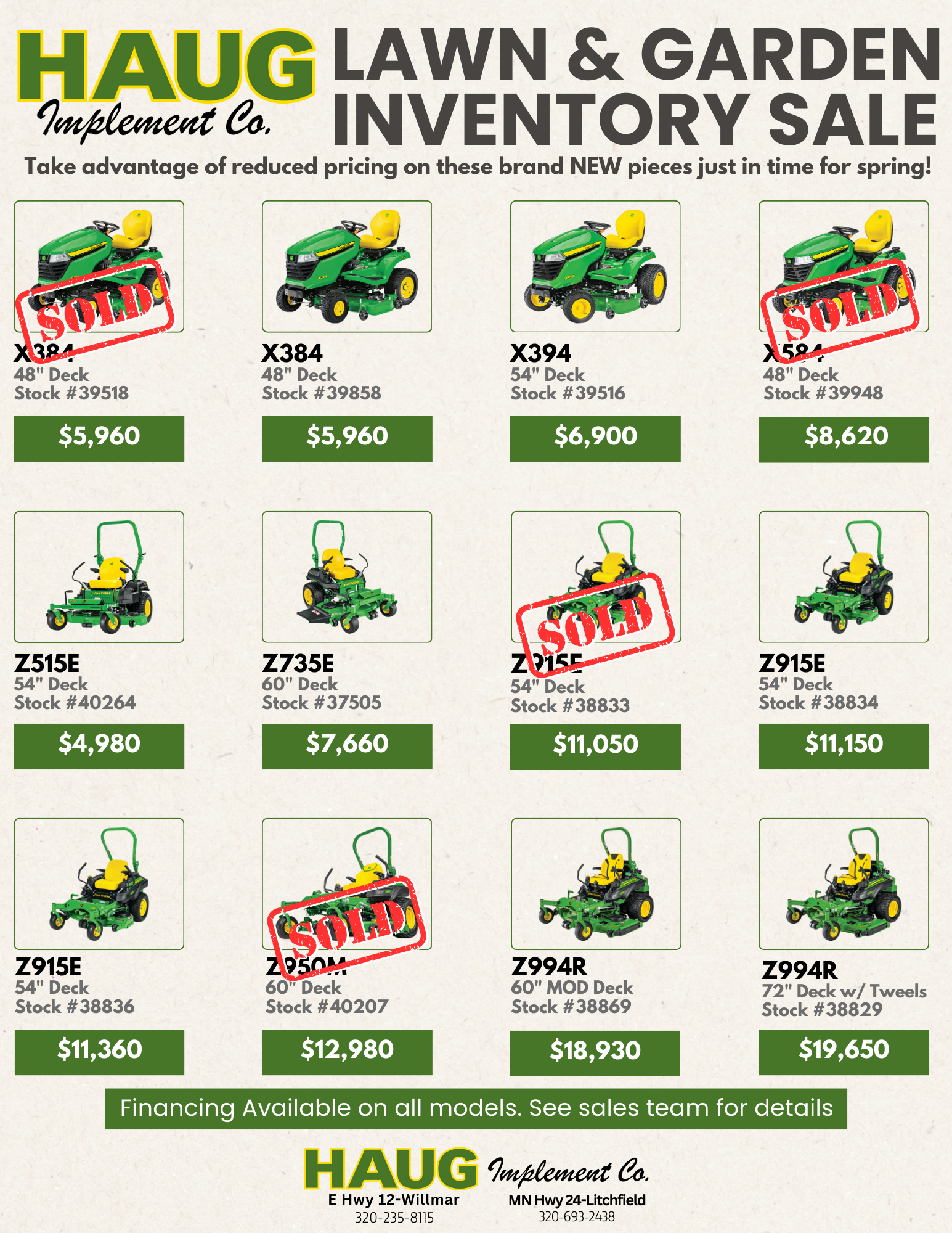 haug Implement Lawn & Garden Inventory Sale