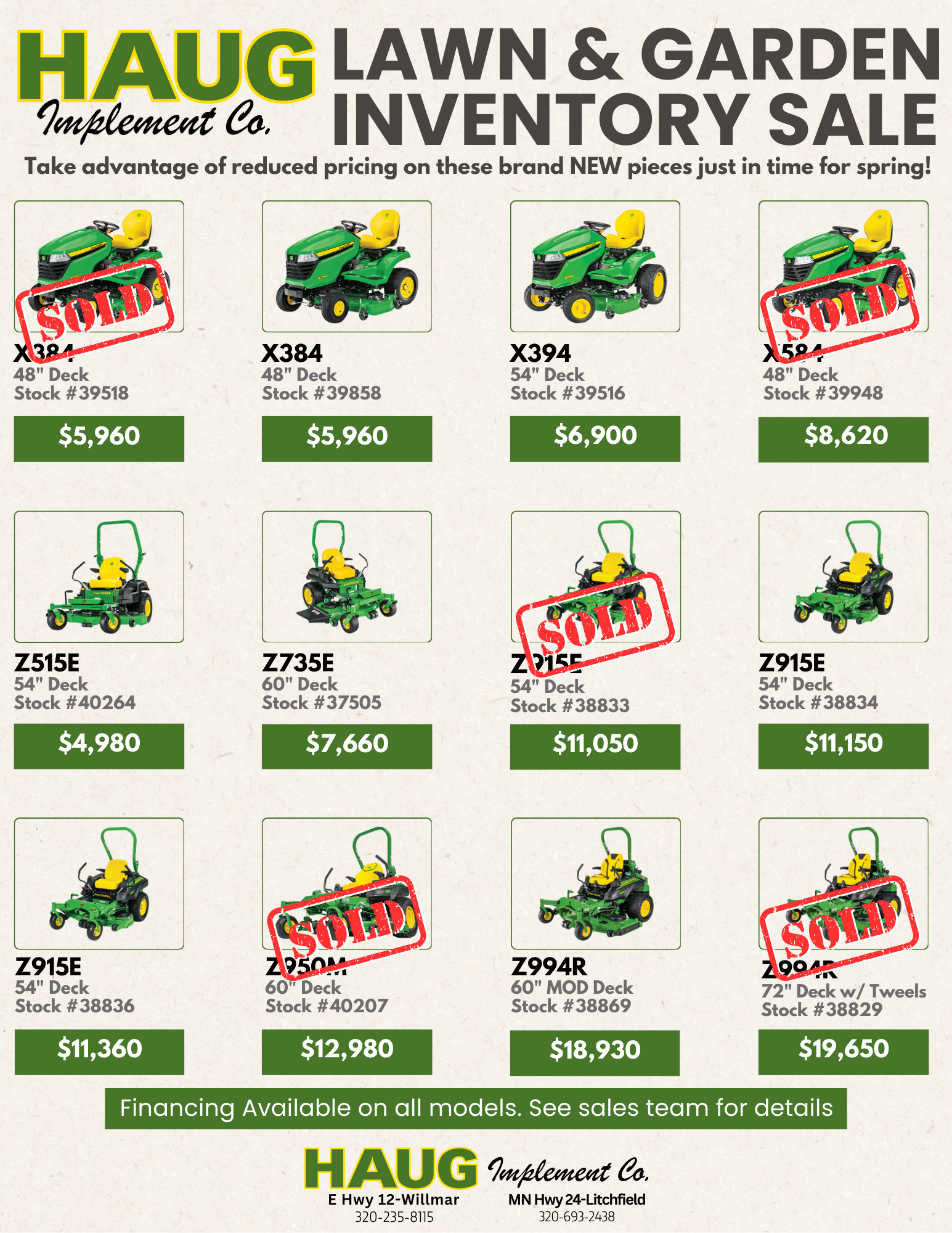 Haug Implement Lawn and Garden Inventory Sale